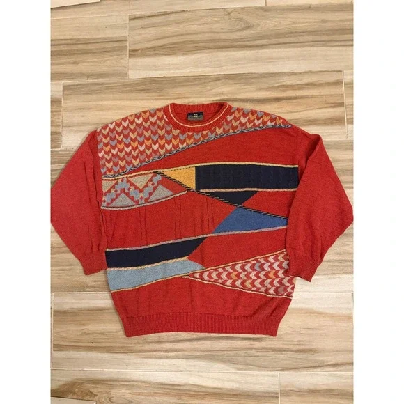 Vintage Fiume Italy Geometric Abstract Knit Sweater Red Multi Color Mens XL - Picture 1 of 7